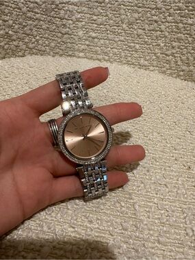 Michael Kors Silver Bracelet Watch with Rose Gold Face and Crystal Bezel